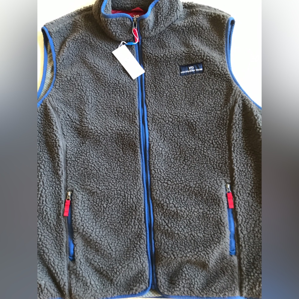 Southern Tide Gray Fleece Vest with Royal Blue Piping Trim